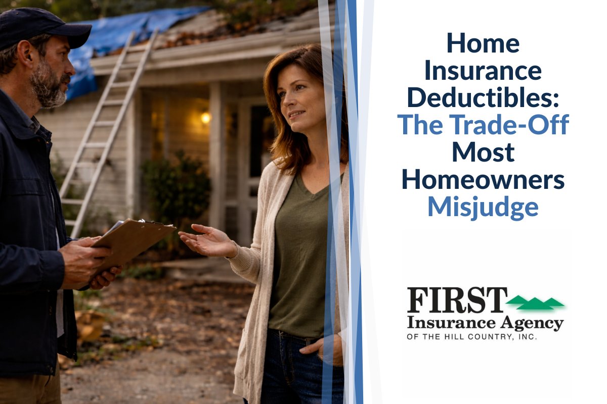 Homeowner discussing repairs with contractor outside a storm-damaged home
